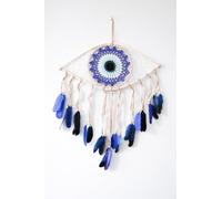 Handcrafted Rattan Dreamcatcher - Blue Devil Eye with Feathers, 37 × 52 cm | Boho Wall Hanging for Bedroom, Living Room & Nursery | Unique Handmade Home Décor