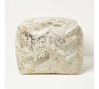 Handcrafted Real Leather Pouffe Cube Bean Bag with Chevron Pattern, Gold & Grey