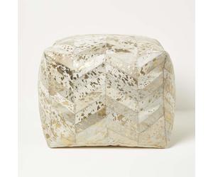 Handcrafted Real Leather Pouffe Cube Bean Bag with Chevron Pattern, Gold & Grey