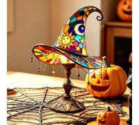 Handcrafted Resin Stained Glass Night Light, Halloween Gothic Witch Hat Lamp, Bat and Pumpkin Glow Night Lights, Vintage Decorative Table Lamp for Halloween Seasonal Decor (Style F)