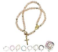 Handcrafted Rosary Bracelets, Elastic Rope Cross Charm Link Chain, Magnetic Handcrafted Rosary Bracelets, Christian Gift for Peace, Protection & Devotion for Easter Communion (One Size,Khaki)