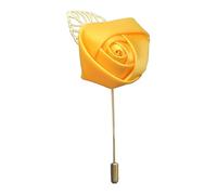 Handcrafted Satin Rose Lapel Pin for Men Women - Gold Plated Accent Leaf Floral Brooch for Weddings & Formal Events, Boutonniere Corsage for Groom, Gentleman Suit Accessory (4.2cm) (Yellow)