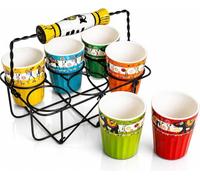 Handcrafted Set of 6 Traditional Ceramic Kulhar Kulhad Chai Tea Coffee Serving Cup Mug Set With Stand, Glazed Earthenware Finish Artisanal Studio Pottery Food & Microwave Safe & Eco-Friendly