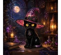 Handcrafted Stained Glass Black Cat Lamp, Gothic Witch Hat Resin Light | Purple Tone Soft Non-Glare Ambient Decor, Weighted Carved Base Ornament for Bedroom Bar Window Halloween Party Display