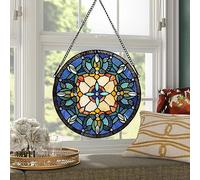 Handcrafted Stained Glass Window Panel - 12-Inch Round Floral Design with Vibrant Colors, Elegant Decorative Hanging Art for Home Décor, Includes 20-Inch Chain & Hook (Blue iris)