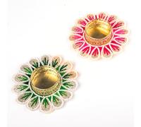 Handcrafted T Light Holder Set of 2 Flower Shape Tealight Candle Stand T-Light Holder Decorative Lighting for Festival Décor Decoration and Gifting (Green Pink Flower Set of 2)