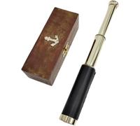 Handcrafted Telescope Functional Vintage Replica Shiny Brass Nautical Telescope Black Leather Beautiful Eligant Look Collapsible Pirate Spyglass Wooden Box