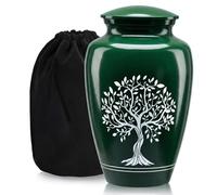 Handcrafted Urn for Human Ashes, Large Decorative Cremation Urns, Memorial Funeral Urn for Men & Women Adults with Tree of Life Green Finish, Metal Alloy 10" H x 6" W