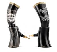 Handcrafted Viking Drinking Horn with Stand - Authentic Real Ox Horn Mug with Thor's Hammer Mjölnir Engraving, Norse Mythology Carved Mead Ale Horn with Brass Trim 10"-12" Set Of 2