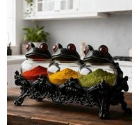 Handcrafted Witchy Frog Apothecary Spice Jars,Gothic Food Storage Containers, Frog Spice Jar Set for Salt Pepper and Herbs,3 Piece Spices Cellars, Witchcore Kitchen Décor for Spices, Tea Leaves
