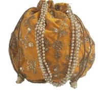 Handcrafted Women Potli Bag Purse Handbag Indian velvet Party Wedding Clutch Bag Traditional Return gift (Mustard yellow)