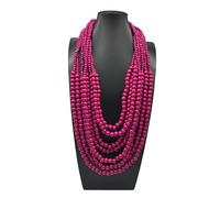 Handcrafted Wooden Bead Statement Necklace, 8-Layer Ethnic Design, Long Multi-Strand Style, Traditional West Asian Fashion Accessory (rose pink)