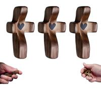 Handcrafted Wooden Cross My Heart, Wooden Cross Fidget, Encouragement Gift, Relieve Anxiety Comfort Cross for Clutching, Clinging and Praying, Pocket Cross Religious Gift for Children and Adults(A,3PC