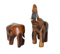 Handcrafted Wooden Elephant Ornaments, Set of 2, Traditional Brown Home Decor Sculptures for Living Room Shelves