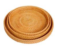 Handcrafted Woven Storage Baskets Set Of 3, Round Serving Trays With Autumn Vine Pattern, Natural Rustic Bowls For Fruits And Bread Display