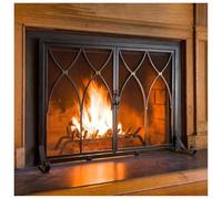 Handcrafted Wrought Iron Square Fireplace Screen with 2 DoorsDurable Spark Guard & Grate for Wood Burning Elegant Black Cover Guard for Safety & Style