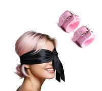 Handcuffs Satin Eye Cover Blindfold Kit - Fluffy Hand Cuff Set - Black Blindfold Satin Eye Cover (Pink)