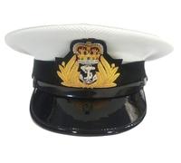 handembroideryuk Royal Navy Officer Cap - White Naval Peaked Hat with Bullion Anchor & Crown Badge | Military Dress Headgear with Gloss Visor and Leather Strap