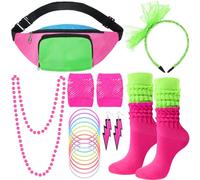 Handepo 19 Pcs 80s Costume Accessories Set Neon Hairband Fishnet Gloves Bracelet Earring Necklace Sock, normal, normal