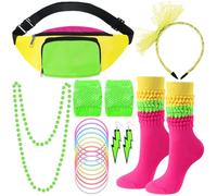 Handepo 19 Pcs 80s Costume Accessories Set Neon Retro 80s Fanny Pack Hairband Fishnet Gloves Bracelet Earrings Necklace Socks (Retro Color)
