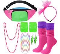 Handepo 19 Pcs 80s Costume Accessories Set Neon Retro 80s Fanny Pack Hairband Fishnet Gloves Bracelet Earrings Necklace Socks (Stylish Color)