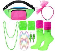 Handepo 19 Pcs 80s Costume Accessories Set Neon Retro 80s Fanny Pack Hairband Fishnet Gloves Bracelet Earrings Necklace Socks (Neon Color)