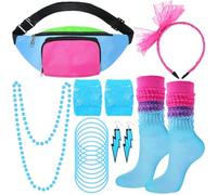 Handepo 19 Pcs 80s Costume Accessories Set Neon Retro 80s Fanny Pack Hairband Fishnet Gloves Bracelet Earrings Necklace Socks(Sky Blue)