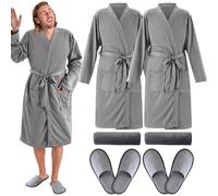 Handepo 2 Sets Waffle Bath Robe Set Unisex Hotel His and Hers Robes Couples Lightweight Knit Spa Bathrobe Slipper Hair Towel, Grey, Large
