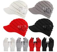Handepo 4 Sets Womens Winter Hats with Visor Winter Gloves Winter Warm Beanie Hats with Brim Sequined Flower Touchscreen Gloves for Outdoor Skiing, Classic Color, One Size
