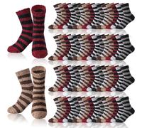 Handepo 60 Pairs Women Fuzzy Socks Bulk Winter Warm Soft Fluffy Crew Sleeping Slipper Socks for Indoor Christmas Gifts, Dark Color, Stripe Style, One size