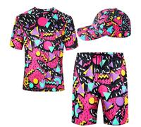 Handepo Retro 80s 90s Outfits for Men's 2 Pcs Tracksuit Hippie Shirt and Short Set with Hat for Neon Disco Party Costume, Classic Color, Large