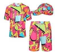Handepo Retro 80s 90s Outfits for Men's 2 Pcs Tracksuit Hippie Shirt and Short Set with Hat for Neon Disco Party Costume, Cute Color, X-Large