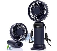 Handheld Fan, 19H Portable USB Hand Held Fans Rechargeable with 5 Speeds, Power Display, Battery Operated Desk Fan, Small Personal Fan with Base, Hanging Rope, Suit for Home Office Travel Essentials