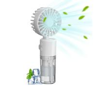 Handheld Fan with Water Mist Spray, Portable & Foldable Mini Misting Fan with Transparent Tank Water Replenisher, USB Rechargeable, 4-Speed Cooling Fans for Outdoor, Travel, Camping & Office (White)