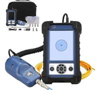 Handheld fiber optic microscope with 3.5" display and 80° rotating stand for connector inspection in telecommunications and networking