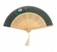 Handheld Folding Fan, Chiffon Fabric Chinese Style Openwork, Hand-Painted Peony for Summer, Wedding, Party, Daily Cooling (Closed 22cm, Open 42cm, Dark Green)