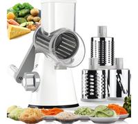 Handheld Rotary Cheese Grater Shredder- 3 Interchangeable Stainless Steel Drum Blades Manual Round Mandolin Vegetable Slicer Nut Grinder with Upgraded Strong Suction Base & Free Sharp Peeler, White