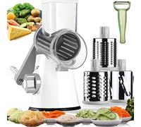 Handheld Rotary Cheese Grater Shredder- 3 Interchangeable Stainless Steel Drum Blades Manual Round Mandolin Vegetable Slicer Nut Grinder with Upgraded Strong Suction Base & Free Sharp Peeler, White