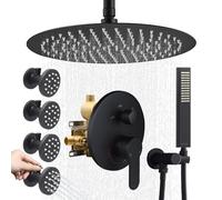 Handheld showerPressure Balance Matte Black Shower System, 16 Inch Ceiling Mounted Rain Shower with On/Off Spray Nozzles, Round Shower Faucet Set for Bathroom Full Body Massage