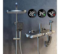 Handheld showerThermostatic Shower System 4 Piano Keys Shower Faucet Set 30x21cm Square with Waterfall Bathtub Faucet LED Digital Display Hydro Power Booster Spray Gun Height Adjustable
