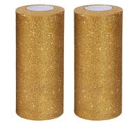 Handi Stitch 2 Pack Tulle Fabric Roll - 15cm x 23m / 6 inches x 25 Yards - Gold Glitter Tulle Ribbon Spool for Wedding/Birthday Party Decorations, Tutu Skirt, DIY Crafts, Gift Bow, and More