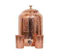 Handicraft Handloom Indian Handmade Pure Copper Water Dispenser Pot 4 Liter Ayurveda Healing Storage Tank With 2 Hammered Glasses