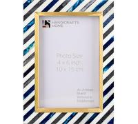 Handicrafts Home Diagonal Striped 4x6 Blue White Bone Inlay & Brass Picture Photo Frame, Handmade Vintage Decorative Frame for Tabletop& Wall Display, Farmhouse Decor for Living Room, Office Desk