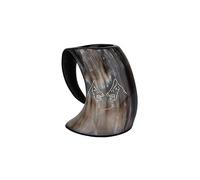 Handicrafts Home Viking Horn Beer Mug - Handmade Ox Horn Tankard with Twin Wolf Design - 6" Medieval Drinking Cup for Ale, Mead, Wine - Rustic Goblet Gift for Men & Fantasy Lovers