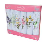 6 Ladies Coloured And White Boxed Embroidered Handkerchiefs 100% cotton, 12ins / 30cm, White with floral design