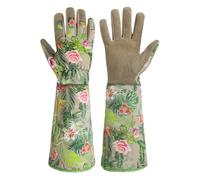 HANDLANDY Leather Gardening Gloves for Women, Thorn Proof Breathable Ladies Rose Pruning Garden Gauntlet Yard Gloves, Gift for Gardeners (Khaki, L)