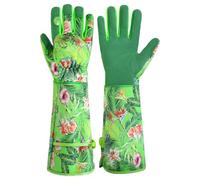HANDLANDY Women Gardening Gloves, Thorn Proof Breathable Ladies Rose Pruning Long Gauntlet Floral Print Garden Yard Gloves, Gift for Gardeners (Green, L)
