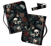 Handle Bible Cover With Metal Bookmark - Dark Skull Flower Eagle Large Carrying Case, Book Tote Church Bag, Multi-Pockets Protector With Zipper Pocket - Christian Gifts for Men Women