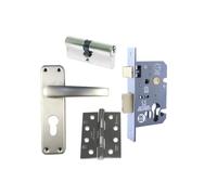 Handle Set - Aluminium Finish with 3″ Euro, 40/40 Key & Turn Cylinder, and 3 pcs CE11 4″ Fire Rated Hinges, Complete Internal Door Handle Pack - Hardware Fittings Included