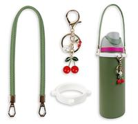 Handle Strap and Cherry Charm Set for Owala Water Bottle 24 oz, 32 oz, 40 oz, Owala Kids, Owala Coffee Tumbler, Owala FreeSip, for Owala Accessories & Stanley Cup Accessories (Leather Green)
